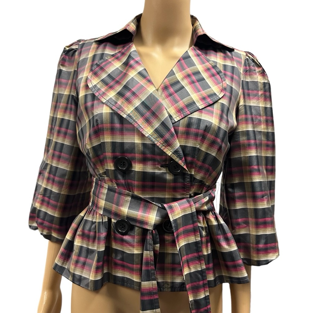 Eci New York Silk Retro Plaid Double Breasted 3 Quarter Sleeve Tie Belt Size 2